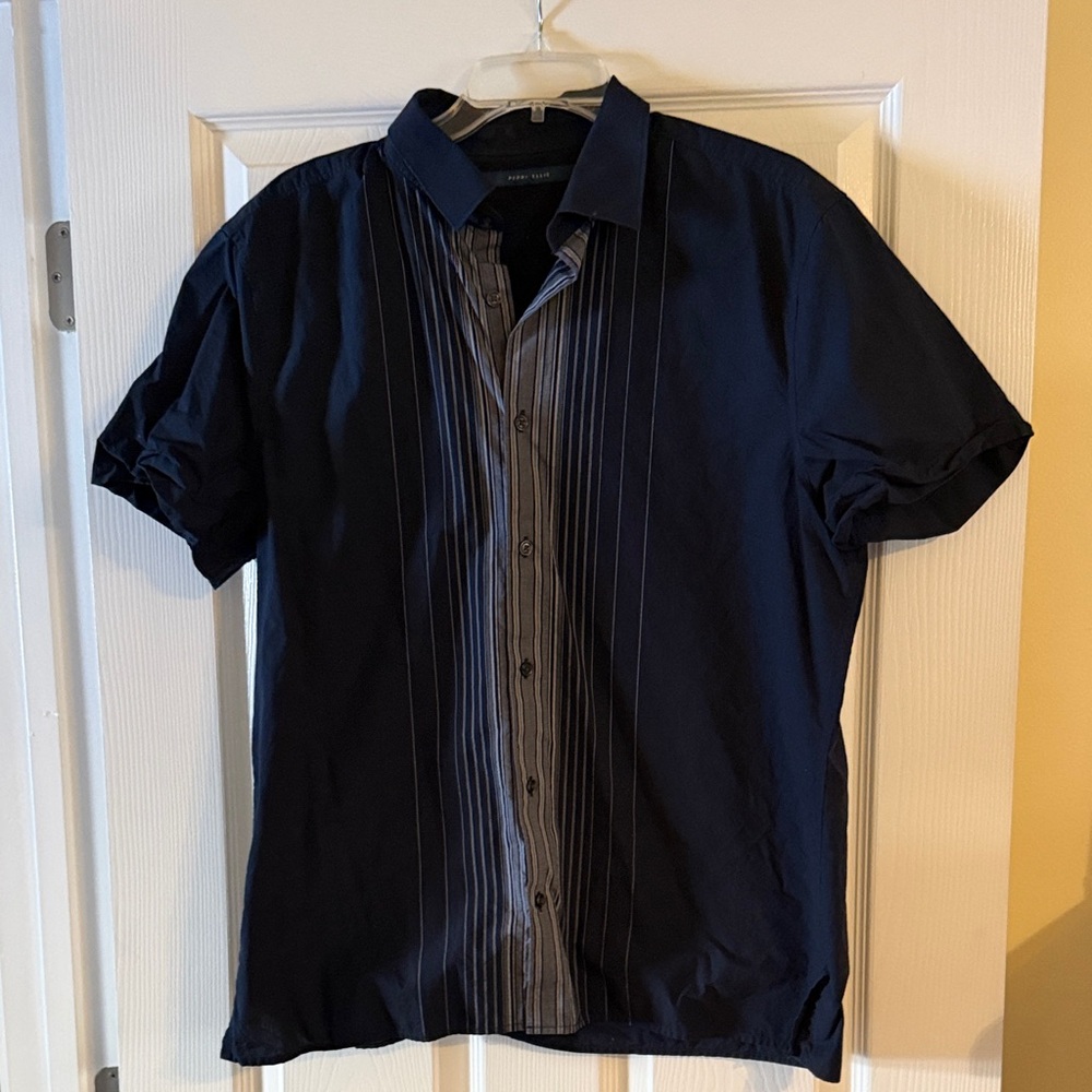 Perry Ellis Dark Blue and Gray Button Down Shirt